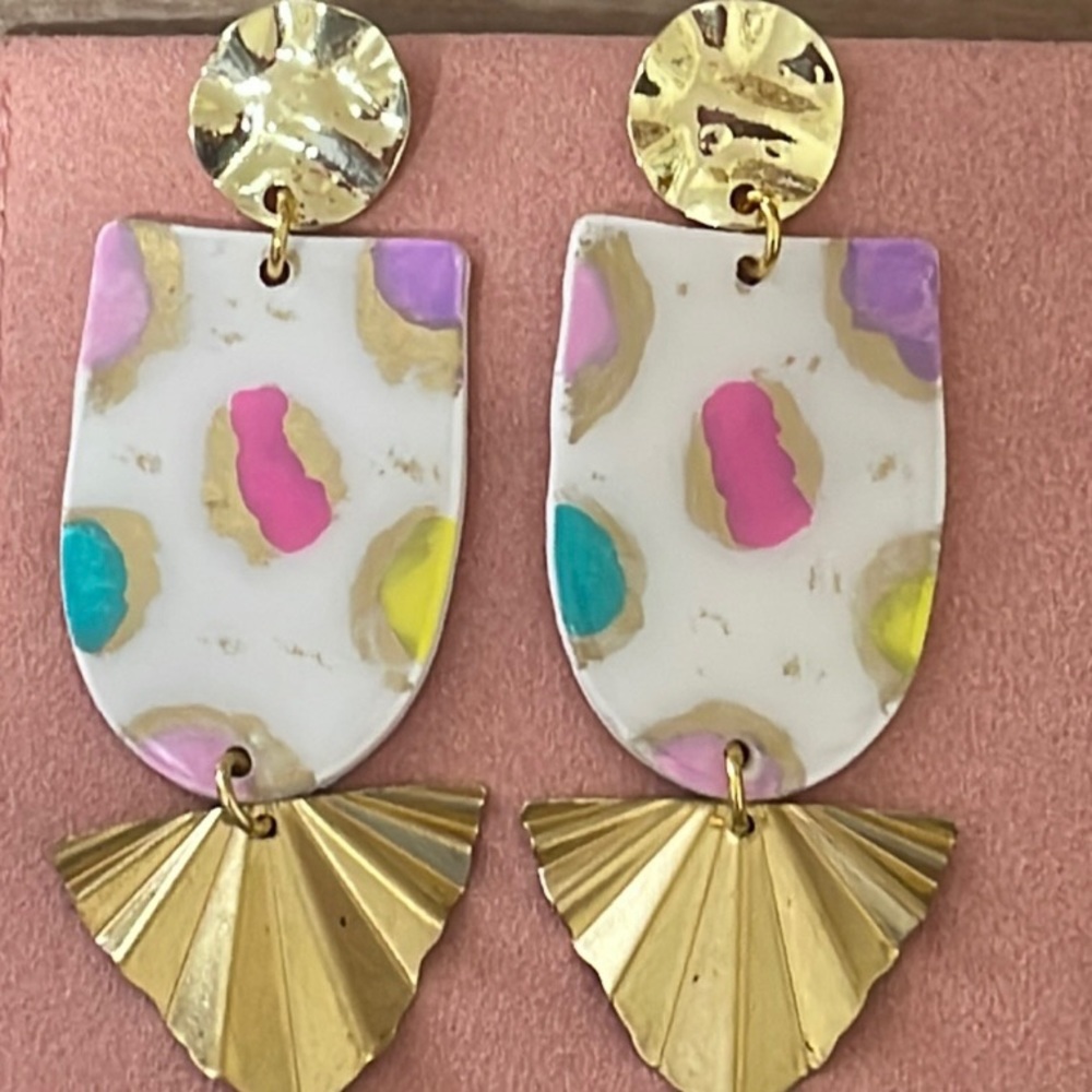 Gold White Multicolor Pastel Dangle Earrings Easter Gift